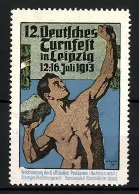 Reklamemarke Leipzig, 12. Deutsches Turnfest 1913, Sportler wirft einen Stein