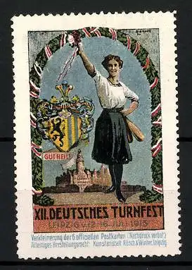 Reklamemarke Leipzig, XII. Deutsches Turnfest 1913, Sportlerin mit Wappen
