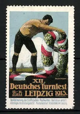 Reklamemarke Leipzig, XII. Deutsches Turnfest 1913, Sportler mit Siegerkranz