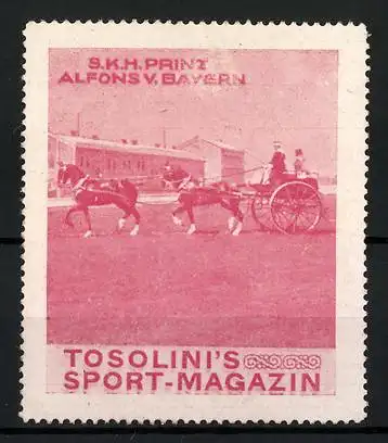 Reklamemarke S. K. H. Prinz Alfons von Bayern in einer Pferdekutsche, Tosolini's Sport-Magazin