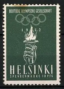Reklamemarke Helsinki, Deutsche Olympische Gesellschaft 1952, Spendenmarke 10 Pfennig, Hand mit Olympiafackel, Ringe