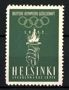 Reklamemarke Helsinki, Deutsche Olympische Gesellschaft 1952, Spendenmarke 10 Pfennig, Hand mit Olympiafackel, Ringe