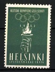 Reklamemarke Helsinki, Deutsche Olympische Gesellschaft 1952, Spendenmarke 10 Pfennig, Hand mit Olympiafackel, Ringe