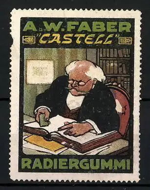 Reklamemarke Castell - Radiergummi, A. W. Faber, Professor am Schreibtisch
