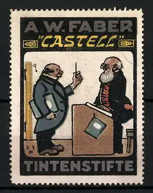 Reklamemarke Castell - Tintenstifte, A. W. Faber, zwei Herren am Rednerpult