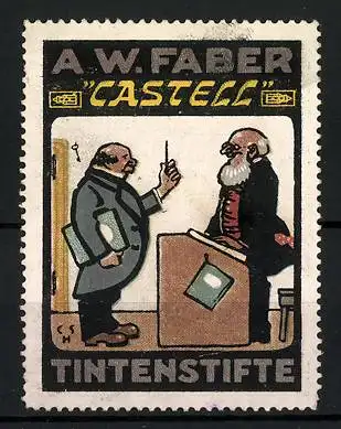 Reklamemarke Castell - Tintenstifte, A. W. Faber, zwei Männer am Rednerpult