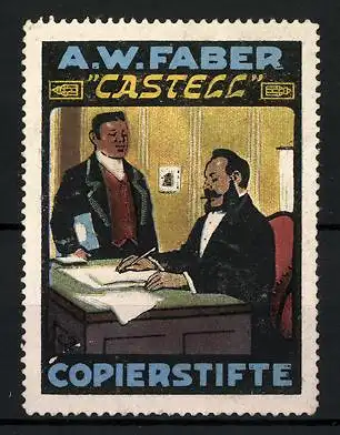 Reklamemarke Castell - Copierstifte, A. W. Faber, zwei Männer am Tisch