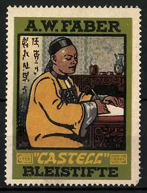 Reklamemarke Castell - Bleistifte, A. W. Faber, Chinese am Tisch schreibend