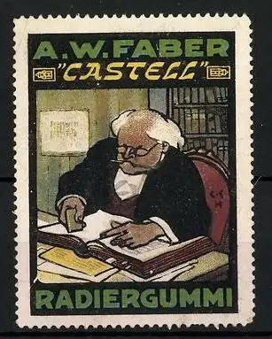 Reklamemarke Castell - Radiergummi, A. W. Faber, Professor am Tisch sitzend