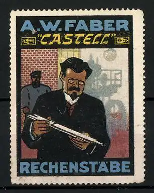 Reklamemarke Castell - Rechenstäbe, A. W. Faber, Erfinder mit Rechenstab vor Maschine stehend