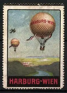 Reklamemarke Harburg-Wien, Ballone über einer Landschaft