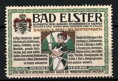 Reklamemarke Bad Elster, Klimatischer Kurort im Königreich Sachsen, Glaubersalzquelle, Wappen, Angestellte