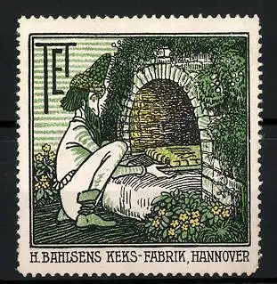 Reklamemarke Hannover, H. Bahlsens Keksfabrik, Leibniz-Keks, Mann schiebt einen Keks in den Ofen