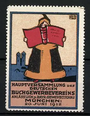 Künstler-Reklamemarke Ost, München, Hauptversammlung des Deutschen Buchgewerbevereins 1912, Münchner Kindl mit Buch