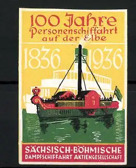 Reklamemarke Sächs.-Böhm. Dampfschiffahrt AG, 100 Jahre Personenschiffahrt auf der Elbe, 1836-1936