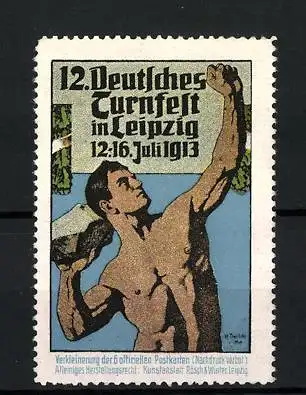 Reklamemarke Leipzig, 12. Deutsches Turnfest 1913, Sportler wirft einen Stein