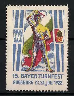 Reklamemarke Augsburg, 15. Bayer. Turnfest 1922, Sportler mit Flagge und Wappen