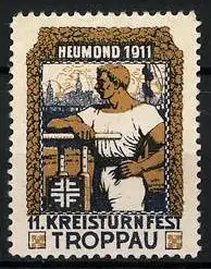 Reklamemarke Troppau, 11. Kreisturnfest & Heumond 1911, Sportler am Reck