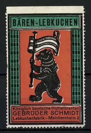 Reklamemarke Bären-Lebkuchen, Lebkuchenfabrik Gebr. Schmidt, Mainbernheim, Bär mit Flagge