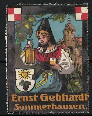 Reklamemarke Essigprodukte von Ernst Gebhardt, Sommerhausen, Fräulein in Tracht hält Glas und Flasche