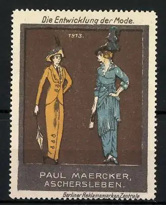Reklamemarke Serie: Die Entwicklung der Mode, 1913, zwei Damen in eleganter Kleidung, Paul Maercker, Aschersleben