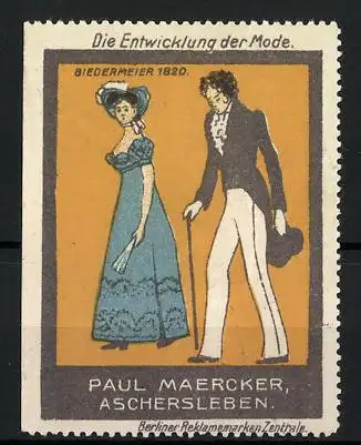 Reklamemarke Serie: Die Entwicklung der Mode, 1820 Biedermeier, Paar in eleganter Kleidung, Paul Maercker, Aschersleben