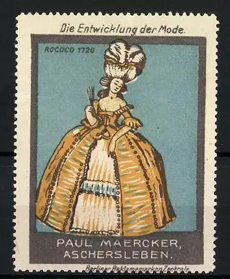 Reklamemarke Serie: Die Entwicklung der Mode, 1720, Rococo, Dame in eleganter Kleidung, Paul Maercker, Aschersleben