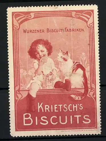 Reklamemarke Krietsch's Biscuits, Wurzener Biscuit-Fabriken, Mädchen mit Keksen, Katze sitzt daneben