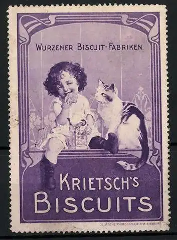 Reklamemarke Krietsch's Biscuits, Wurzener Biscuit-Fabriken, Mädchen mit Keksen, Katze sitzt daneben