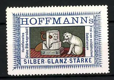 Reklamemarke Hoffmann's Silber-Glanz-Stärke, hochfeinstes Galnz-Stärke-Produkt, Katze spiegelt sich in einem Becher