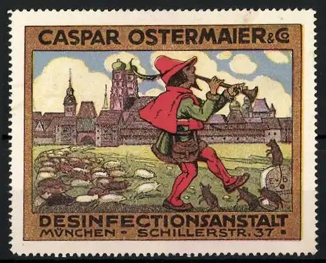 Reklamemarke Der Rattenfänger von Hameln, Desinfectionsanstalt Caspar Ostermaier & Co., Schillerstr. 37, München