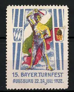 Reklamemarke Augsburg, 15. Bayer. Turnfest 1922, Sportler mit Flagge und Wappen