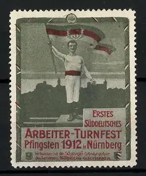 Reklamemarke Nürnberg, Erstes süddeutsches Arbeiter-Turnfest 1912, Sportler mit Flagge auf der Siegertreppe
