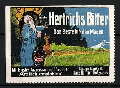 Reklamemarke Hertrichs Bitter - das Beste für den Magen, Fabrikant Hans Hertrich, Hof, Einsiedler mit Glas und Flasche