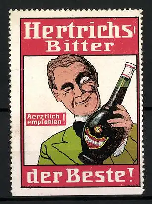 Reklamemarke Hertrichs Bitter - ist der Beste!, Mann blickt auf eine Flasche