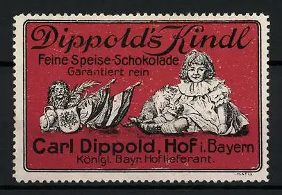 Reklamemarke Dippold's Kindl - feinste Speise-Schokolade, Carl Dippold, Hof i. B., Mädchen mit Katze