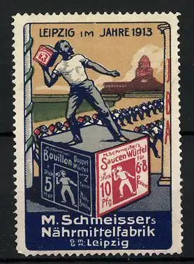 Reklamemarke Leipzig, Saucen-Würfel, Nährmittelfabrik M. Schmeisser, Leipzig, Leipzig im Jahre 1913, Sportler