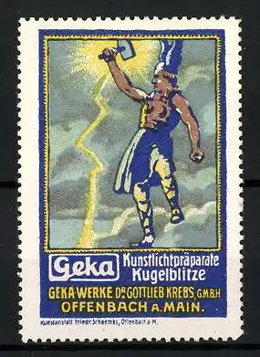 Reklamemarke Geka Kunstlichtpräparate & Kugelblitze, Geka-Werke Dr. Gottlieb Krebs, Offenbach, Germane mit Hammer