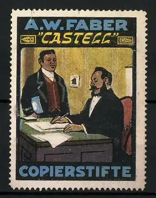Reklamemarke Castell - Copierstifte, A. W. Faber, zwei Herren an einem Schreibtisch