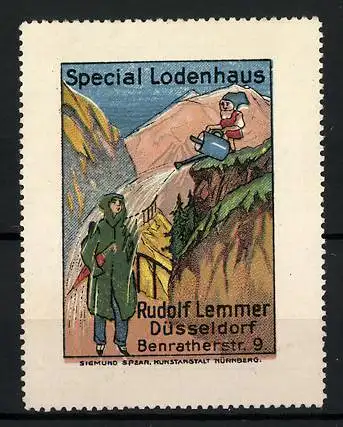 Reklamemarke Düsseldorf, Special Lodenhaus Rudolf Lemmer, Benratherstr. 9, Zwerg giesst Wasser auf einen Wanderer
