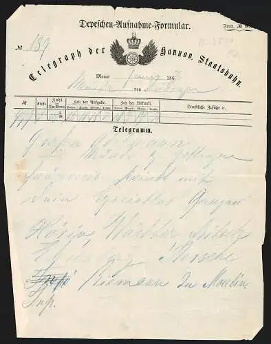 Telegramm Münden 1870, Telegraph der Hannoverschen Staatsbahnen, Betriebswappen