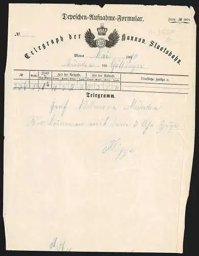 Telegramm Münden 1870, Telegraph der Hannoverschen Staatsbahnen, Wappen mit geflügeltem Rad