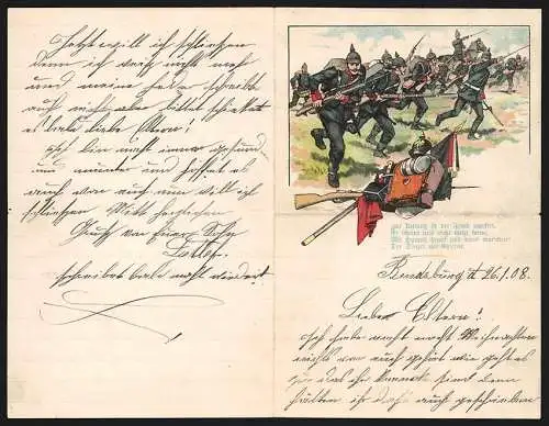 Briefkopf Preussische Infanteristen in Uniform stürmen in die Schlacht, Marschgepäck & Ausrüstung