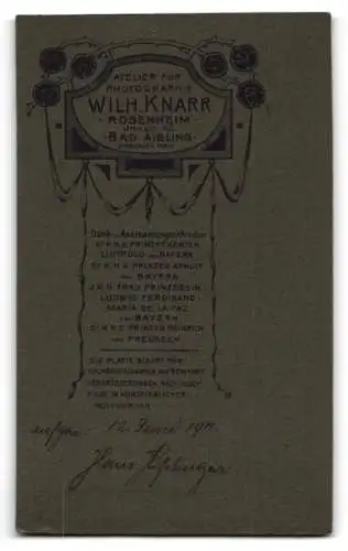 Fotografie Wilhelm Knarr, Rosenheim, Innstr. 42, Hans Kischinger im schwarzen Anzug mit feinem Schnurrbart und Krawatte
