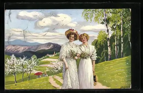 Künstler-AK Alfred Mailick: Zwei Frauen mit Blumen gehen spazieren