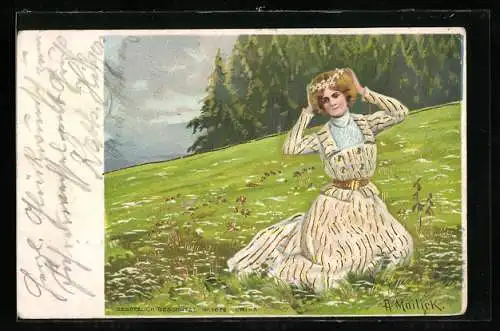 Künstler-AK Alfred Mailick: hübsche junge Frau mit Blumenkranz im Haar sitzt auf der Blumenwiese
