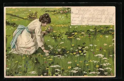 Künstler-AK Alfred Mailick: Frau pflückt Blumen