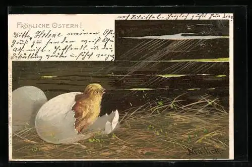 Künstler-AK Alfred Mailick: Osterküken klettert aus einer Eierschale, Fröhliche Ostern