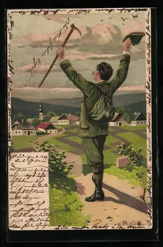 Künstler-AK Alfred Mailick: Wanderer vor einer Ortschaft