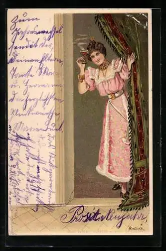 Künstler-AK Alfred Mailick: Frau mit einem Glas Glühwein in der Tür